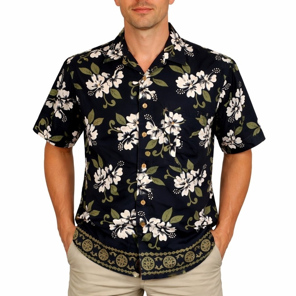 Ocean Pacific Hawaiian Aloha Shirt Small Hibiscus Flowers Floral Black‎ White